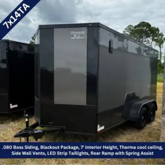 Black tandem-axle cargo trailer with diamond-plate front, parked on grass; features include ramp, side vents, and a Therma/Cool ceiling (product listing image).
