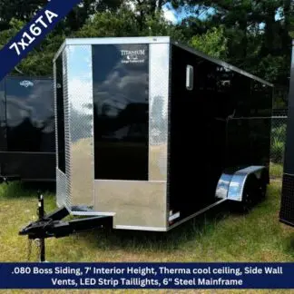 Black enclosed cargo trailer with diamond-plate trim and a silver front panel; hitch in the foreground. A blue banner lists specs: 7x16TA, 7' interior height, Therma Cool ceiling, side wall vents, LED strip taillights, and 6-inch steel mainframe.