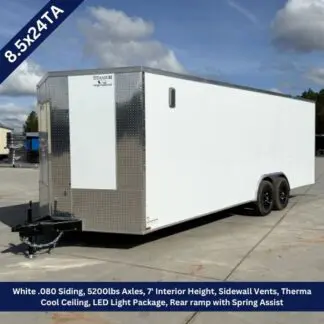 White 8.5x24TA enclosed cargo trailer with dual axles, diamond-plate front, side vent, and front hitch on a paved lot.
