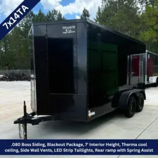 Black enclosed dual-axle cargo trailer with a diamond-plate front, parked on a concrete lot; Titanium Cargo Trailer LLC logo on the front panel.