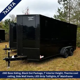Black enclosed dual-axle trailer on grass with front hitch; features noted: 7' interior height, side vents, LED strip taillights, heavy mainframe.