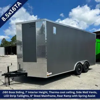 Enclosed gray dual-axle trailer with diamond plate front and rear ramp, 8.5x16 size, 7' interior height, LED taillights (spec sheet visible).