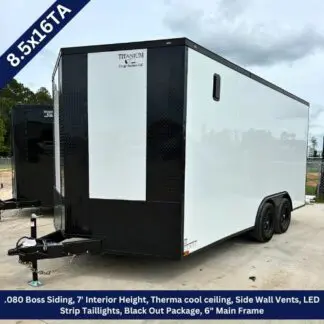 8.5x16TA Titanum cargo trailer: white sides with black front, dual axles, hitch at the tongue; blue banner showing 8.5x16TA. Bottom blue banner lists features: .080 Boss Siding, 7' interior height, Therma cool ceiling, side wall vents, LED tail lights, black-out package, 6' main frame.