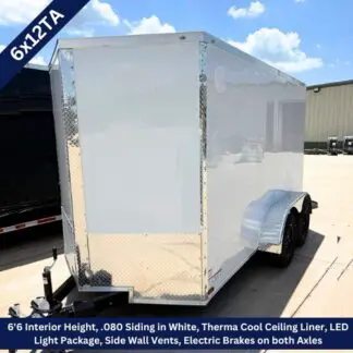 White 6x12 enclosed cargo trailer with diamond-plate trim and dual axles, hitch at the front, parked on a lot; designed for secure transport of goods.