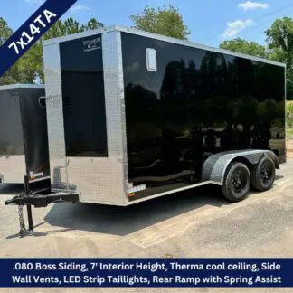 Black 7x14 enclosed cargo trailer with dual axles, diamond-plate trim, side vent, and rear spring-assisted ramp; 7' interior height.