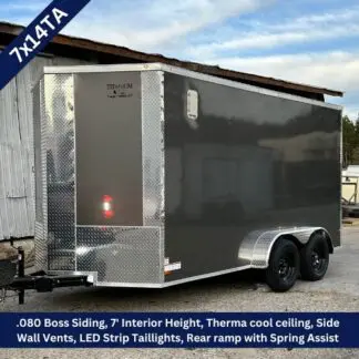 Enclosed gray cargo trailer with diamond-plate front, dual axles, and rear ramp with spring assist (7x14TA).
