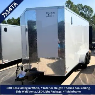 Enclosed white cargo trailer with diamond-plate front and dual axles; hitch at the front, brand TitanIum Cargo Trailers LLC visible on the front panel; specs include 7 ft interior height and LED lighting package