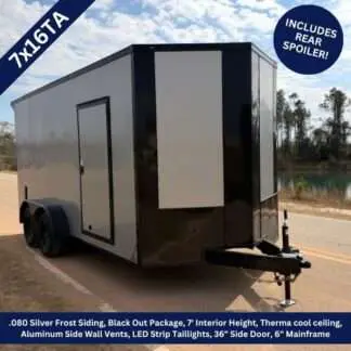 Titanium Cargo 7x16 Tandem Axle Silver Blackout Enclosed Cargo Trailer with Rear Spoiler