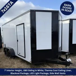 7x16TA enclosed cargo trailer with white siding, black diamond-plate front, side entry door, dual axles, and a hitch