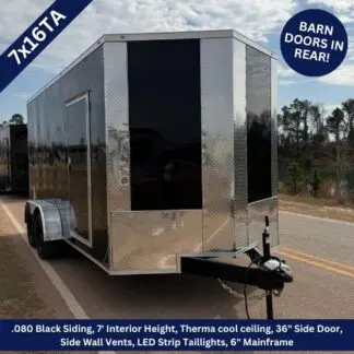 Enclosed silver trailer with black front panel and dual axles; features 7' interior height and a 36" side door, parked on a road. Specs banner lists .080 black siding, ThermaCool ceiling, LED taillights, and 6" mainframe.