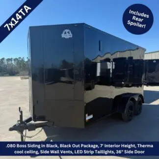 Black enclosed tandem-axle trailer with a polished diamond-plate exterior, 7' interior height, side vents, and a rear spoiler; includes a side entry door and LED taillights.
