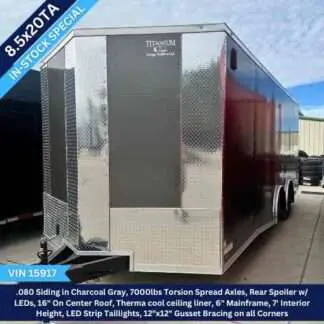 Titanium Cargo 8.5x20 Tandem Axle Charcoal Gray Enclosed Trailer with Rear Spoiler and Spread Axles