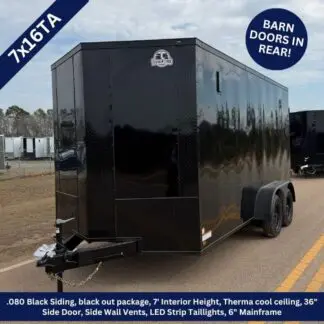 Black enclosed tandem-axle trailer with rear barn doors and a side door, glossy black siding, LED taillights, and a front tongue hitch.
