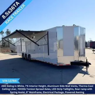 Titanium Cargo 8.5×36 Triple Axle White Enclosed Race Trailer with Awning ‣ Boss Cargo Trailers