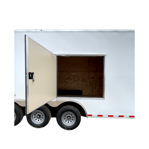 An Escape Door enclosed trailer on a white background.