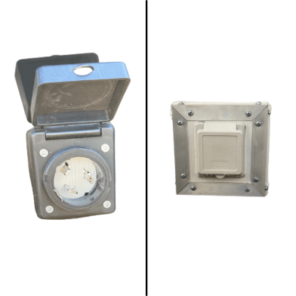 Two different images of a 30amp Motor Base Plug with Twist Lock Cord.