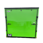 A green enclosed cargo trailer on a white background.