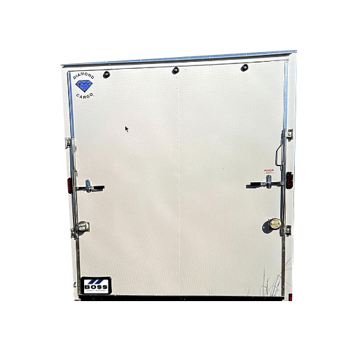 A white enclosed cargo trailer on a white background.