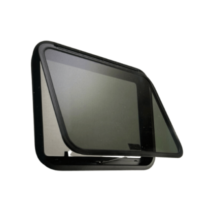 A black window with a black frame on a white background.