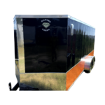 A black and orange enclosed cargo trailer on a white background.