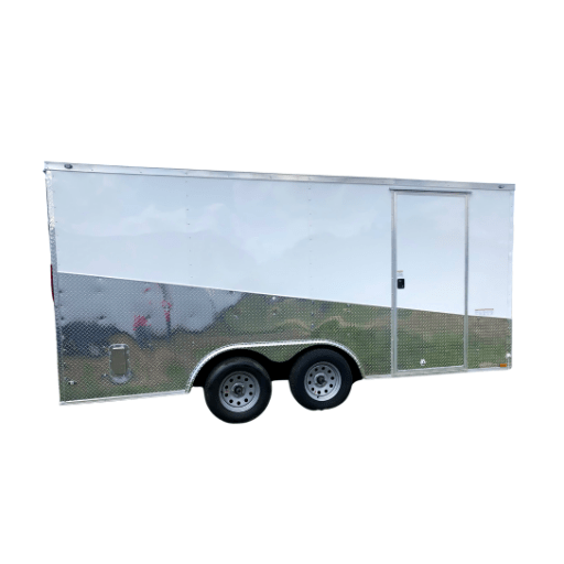 A white enclosed trailer on a white background.