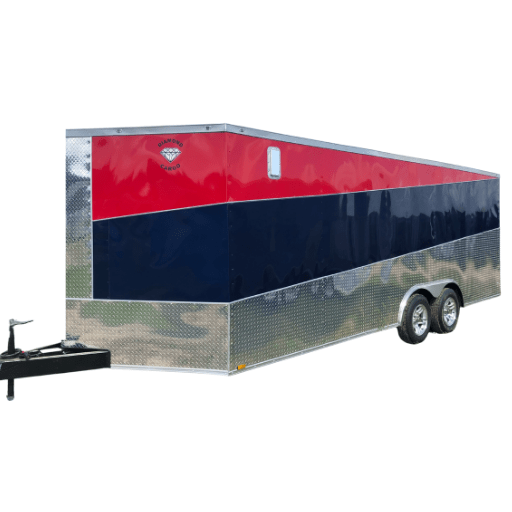 A red and blue enclosed trailer on a white background.