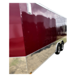 A red enclosed trailer on a white background.
