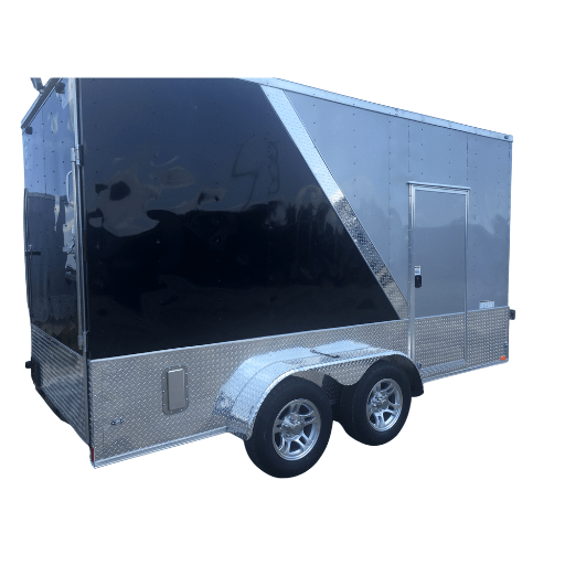 A black enclosed cargo trailer on a white background.