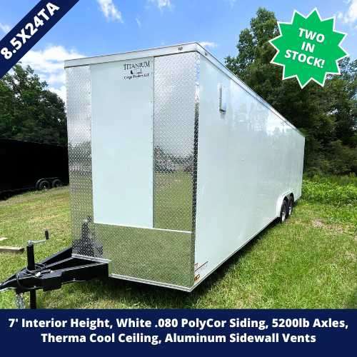 A white trailer with a green background