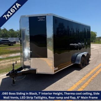 Black enclosed cargo trailer with dual axles, diamond-plate front, and rear ramp; 7 ft interior height and ThermaCool ceiling.