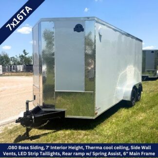 Enclosed silver cargo trailer with dual axles, front hitch, and diamond plate hardware; appears new and unused.