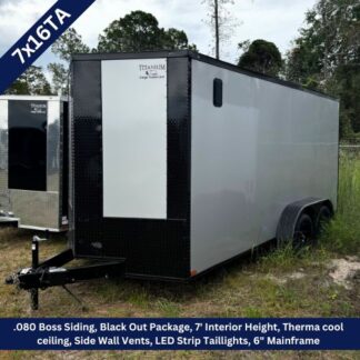 Enclosed cargo trailer on a gravel lot, black nose and gray sides, tow hitch visible; banner notes 7' interior height and LED taillights.
