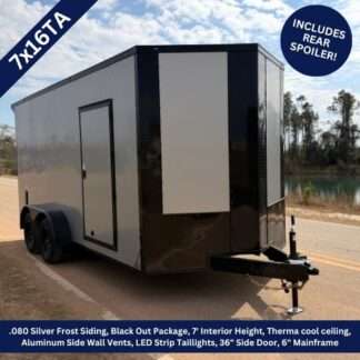 Titanium Cargo 7x16 Tandem Axle Silver Blackout Enclosed Cargo Trailer with Rear Spoiler