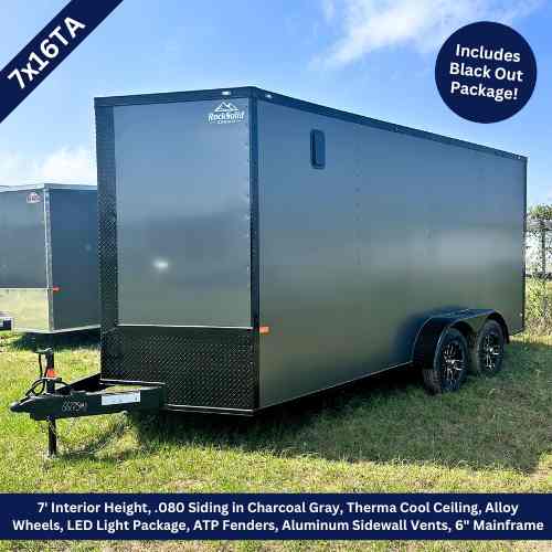 Rock Solid 7x16 Tandem Axle Charcoal Gray Enclosed Cargo Trailer with Blackout Package