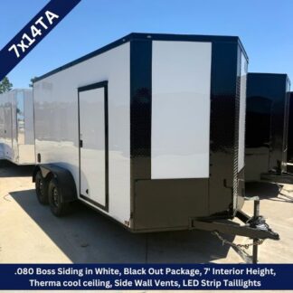 Enclosed white cargo trailer with black trim and side door, parked on a lot under a clear blue sky.