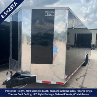 8.5x28TA black tandem-axle cargo trailer with diamond-plate front and Titanium Cargo Trailers branding (side view).
