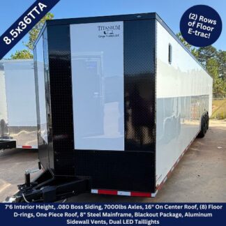8.5×36-foot dual-axle enclosed cargo trailer with black front and white sides, hitch at the front, Titanium Cargo Trailers LLC branding visible on the door.