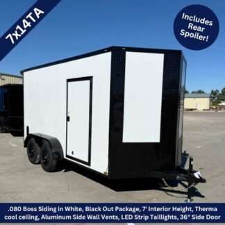 Titanium Cargo 7x14 Tandem Axle White Blackout Enclosed Cargo Trailer with Rear Spoiler