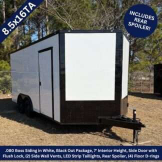 8.5x16 Tandem Axle White Blackout Enclosed Trailer with Rear Spoiler