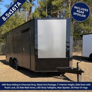 85x16 Tandem Axle Charcoal Blackout Enclosed Trailer with Rear Spoiler 1