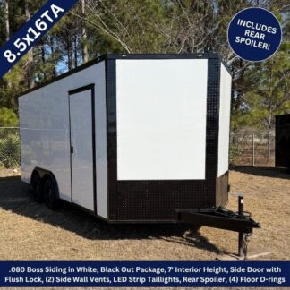 85x16 Tandem Axle White Blackout Enclosed Trailer with Rear Spoiler 1