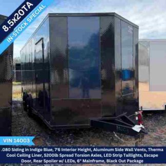 Titanium Cargo 8.5x20 Tandem Axle Indigo Blue Enclosed Cargo Trailer with Blackout Package and Rear Spoiler VIN 14003