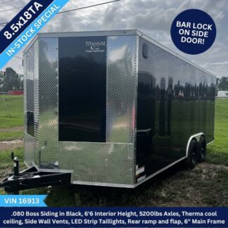 Black enclosed cargo trailer with diamond-plate front, dual axles, and a side door; ideal for hauling gear. The trailer is on grass under a cloudy sky, with chrome trim and LED taillights visible. Promo banners read “IN-STOCK SPECIAL” and “BAR LOCK ON SIDE DOOR.”