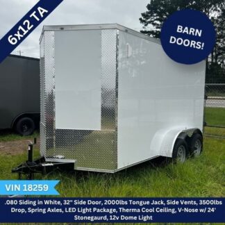 6x12 Tandem Axle White Enclosed Cargo Trailer with Barn Doors VIN 18259